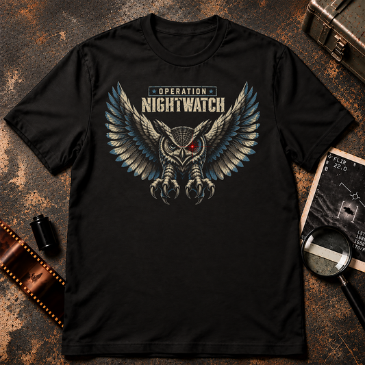 Operation Nightwatch owl surveillance t-shirt design featuring a fierce owl with outstretched cream and blue wings, sharp extended talons, and a glowing red targeting reticle over one eye. Distressed military-style typography reads OPERATION NIGHTWATCH above the owl on a black background.