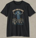 A black short-sleeve crewneck t-shirt with a graphic print of a man in a blue robe with arms raised, surrounded by a crowd of similar figures, with the text 'NOVUS ORDO SECLORUM' arched above. The t-shirt is displayed flat against a textured light gray background.