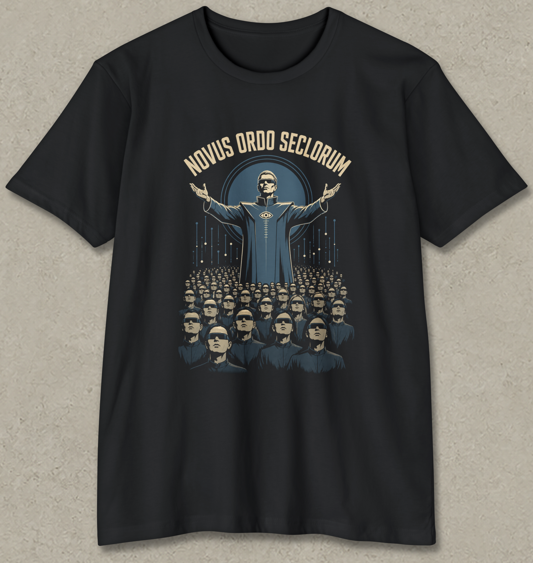 A black short-sleeve crewneck t-shirt with a graphic print of a man in a blue robe with arms raised, surrounded by a crowd of similar figures, with the text 'NOVUS ORDO SECLORUM' arched above. The t-shirt is displayed flat against a textured light gray background.