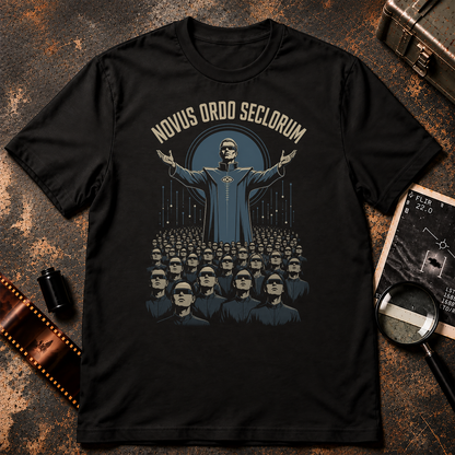 Dystopian graphic featuring a futuristic leader with outstretched arms standing above a large uniform crowd wearing dark visor-like glasses. Cream text across the top reads “NOVUS ORDO SECLORUM,” with blue-grey circular and technological details against a black background.