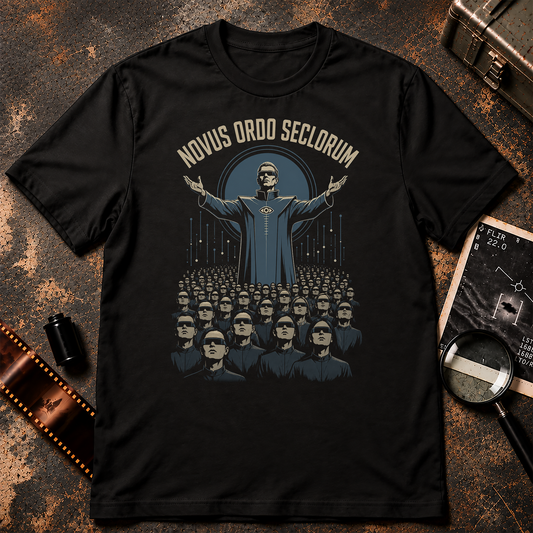 Dystopian graphic featuring a futuristic leader with outstretched arms standing above a large uniform crowd wearing dark visor-like glasses. Cream text across the top reads “NOVUS ORDO SECLORUM,” with blue-grey circular and technological details against a black background.