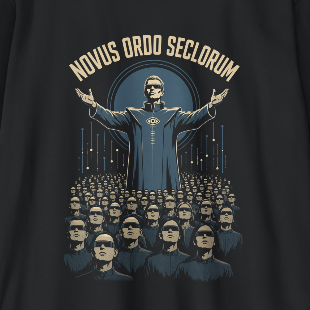 Close-up of a black graphic t-shirt featuring a stylized illustration of a central figure in a blue robe with arms outstretched, surrounded by a crowd of identical figures. The text 'NOVUS ORDO SECLORUM' is printed in a curved cream-colored font above the illustration.