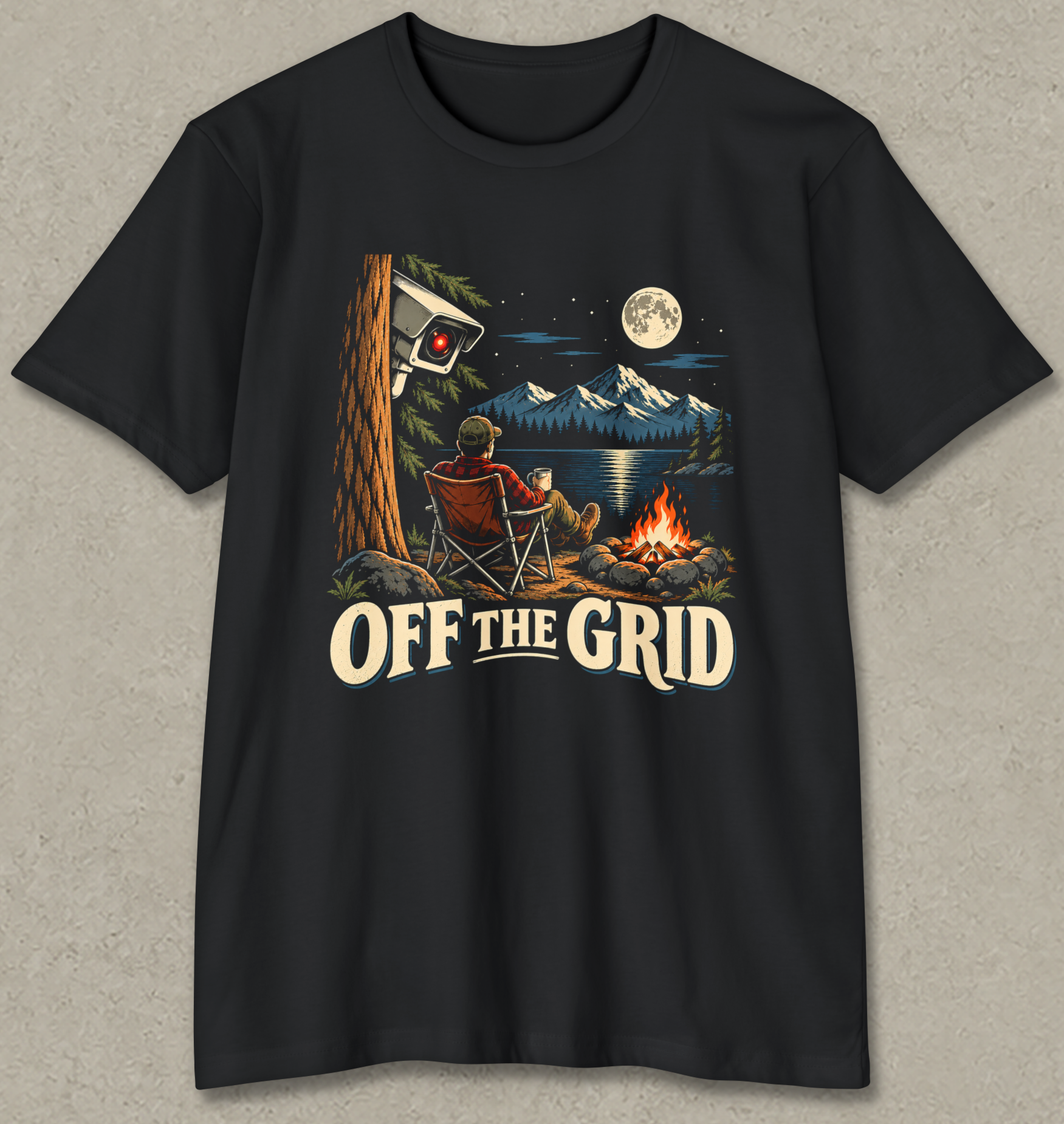 OFF THE GRID shirt design featuring a camper by a moonlit lake and campfire while a red-lensed surveillance camera watches from behind a tree.