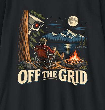 OFF THE GRID shirt design featuring a camper by a moonlit lake and campfire while a red-lensed surveillance camera watches from behind a tree.