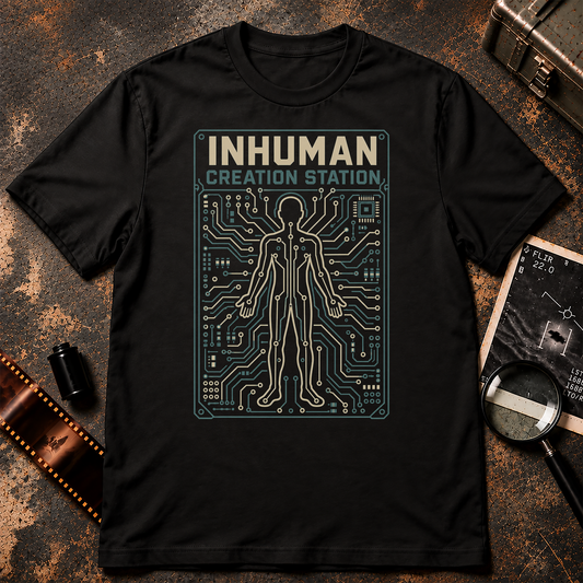 INHUMAN CREATION STATION shirt graphic featuring a human silhouette integrated into a blue-gray and cream electronic circuit board on a black background.