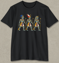 A black short-sleeve crewneck t-shirt with a graphic print of three ancient Egyptian figures in headdresses and robes, displayed flat against a textured gray background.