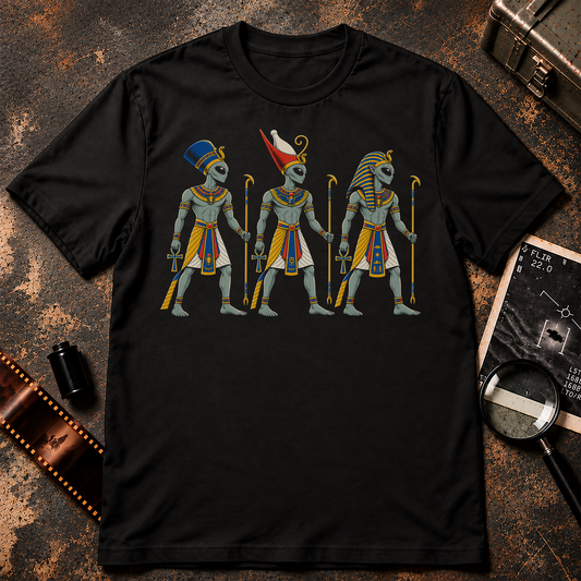 Alien Pharaohs shirt design featuring three grey aliens dressed as ancient Egyptian pharaohs with colorful headdresses, ankhs, ceremonial staffs, and Egyptian regalia.