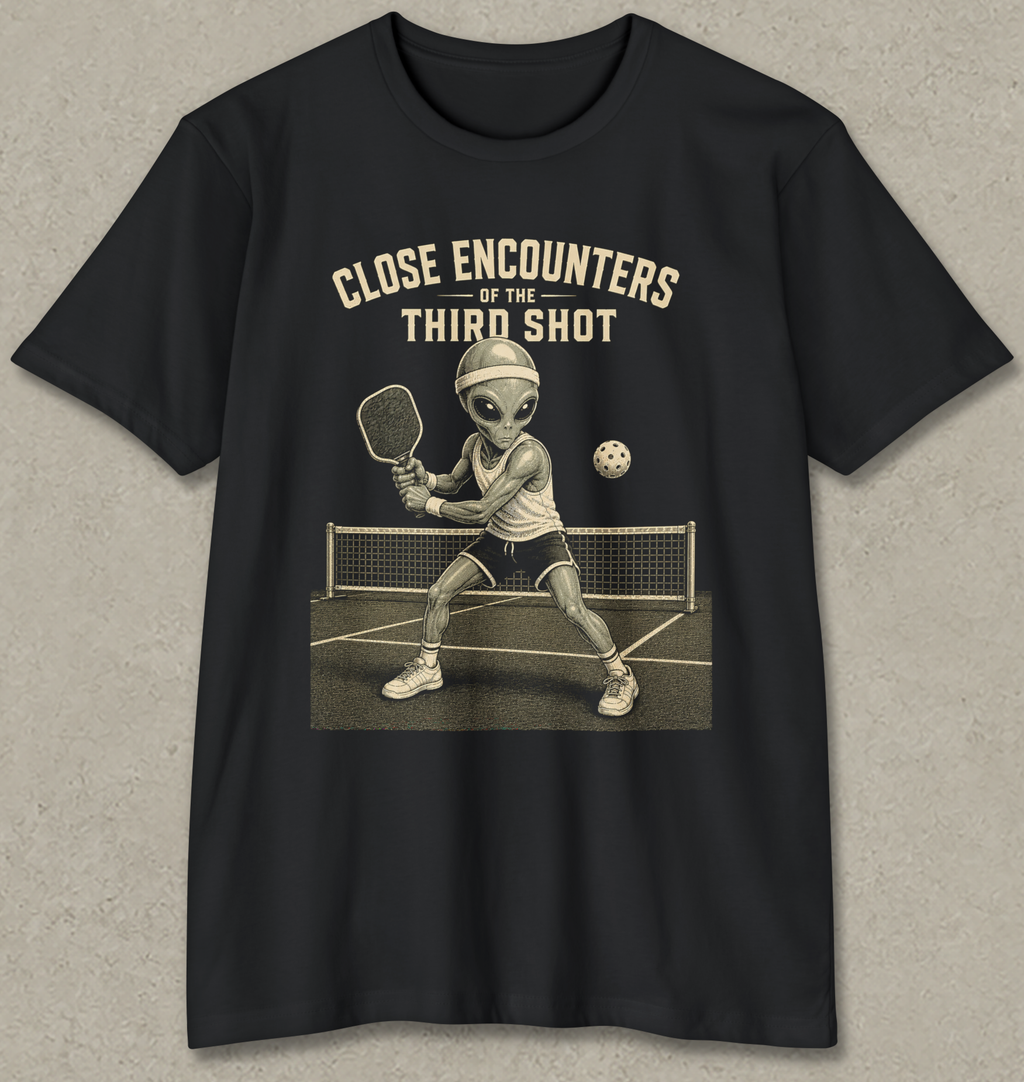 A black short-sleeve crewneck t-shirt with a vintage-style graphic of an alien playing pickleball on a court, with the text 'CLOSE ENCOUNTERS OF THE THIRD SHOT' printed above it. The t-shirt is displayed flat against a textured gray background.