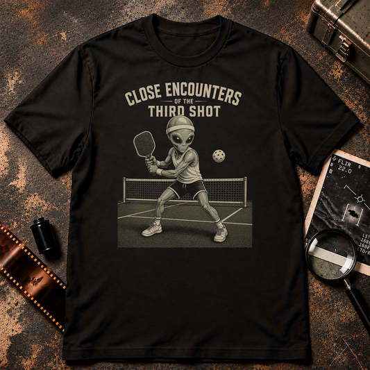 A black short-sleeve crewneck t-shirt with a vintage-style graphic of an alien playing pickleball on a court, with the text 'CLOSE ENCOUNTERS OF THE THIRD SHOT' printed above it. The t-shirt is displayed flat against a textured gray background.