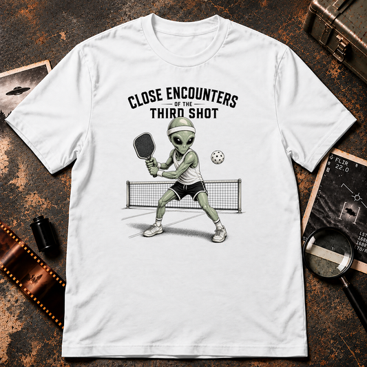A white short-sleeve crewneck t-shirt with a graphic of a green alien playing pickleball on a court, with the text 'CLOSE ENCOUNTERS OF THE THIRD SHOT' above it. The t-shirt is displayed flat against a textured gray background.