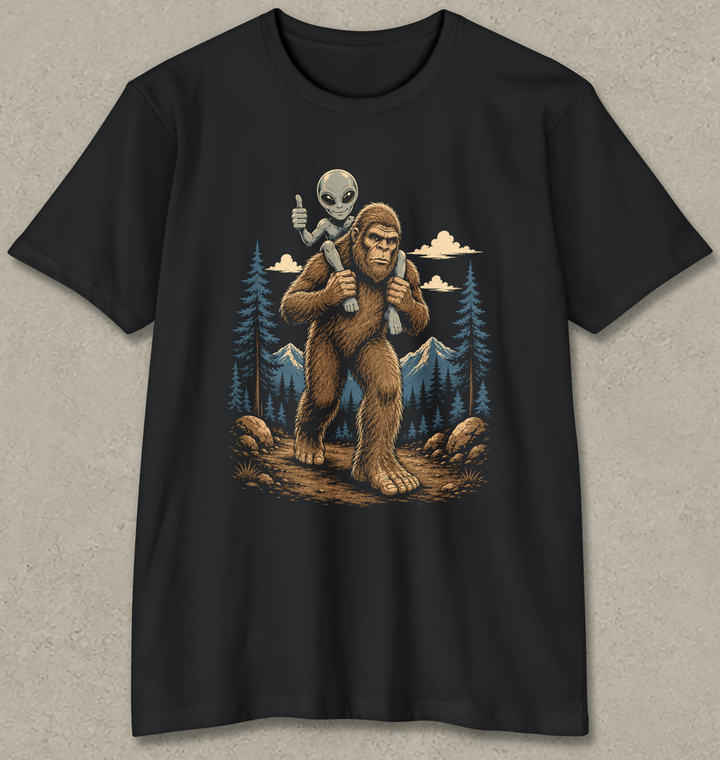 A black short-sleeve crewneck t-shirt featuring a graphic print of a brown furry Bigfoot carrying a small gray alien on his shoulders, set against a pine forest background.