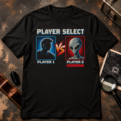 Player 2 Unknown Shirt with retro pixel human versus grey alien arcade character select screen