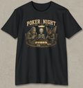 A black short-sleeve crewneck t-shirt featuring a vintage-style graphic of three characters sitting around a poker table under the text 'POKER NIGHT'. The graphic is printed in a warm tan and dark brown color palette.