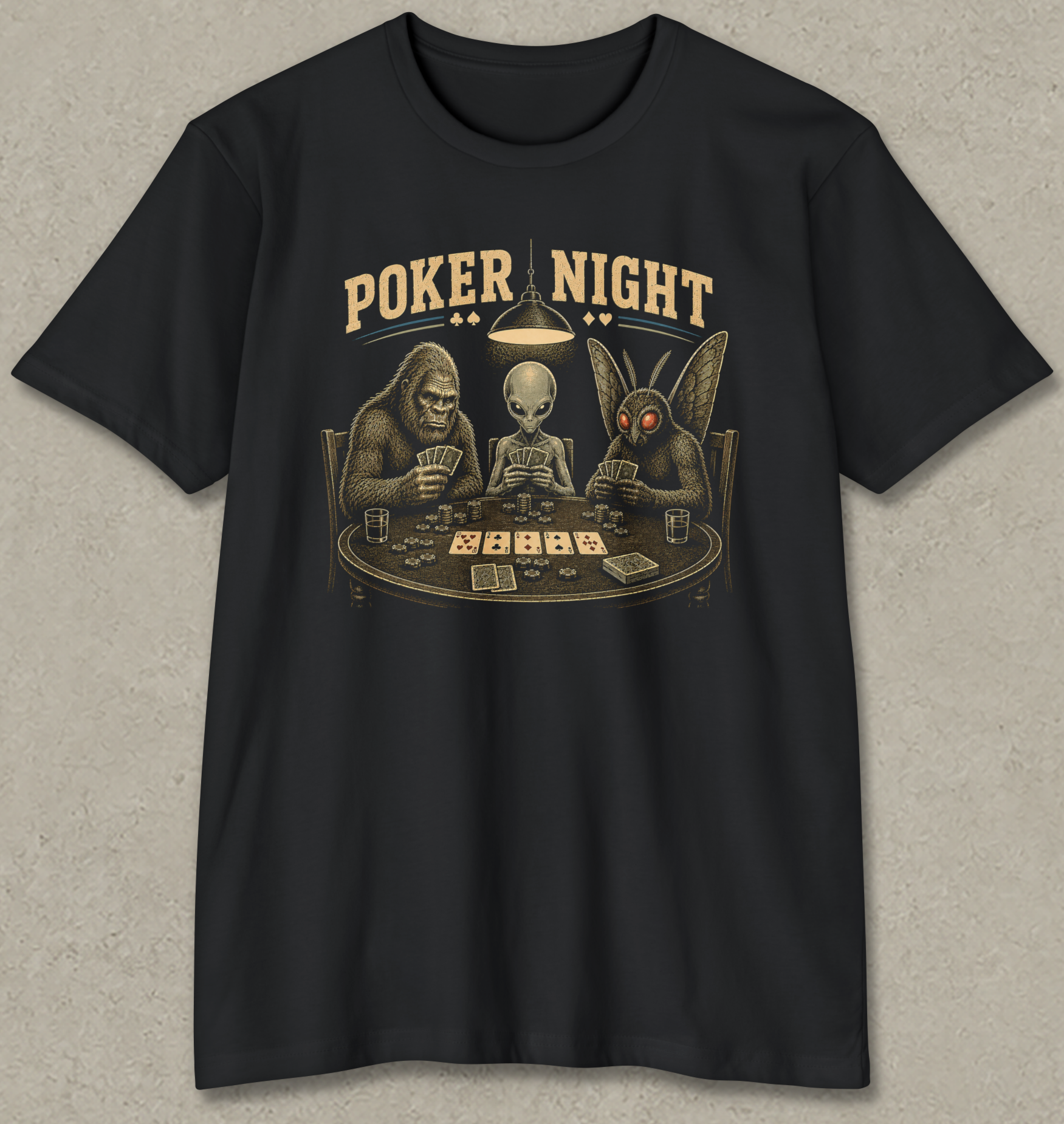 A black short-sleeve crewneck t-shirt featuring a vintage-style graphic of three characters sitting around a poker table under the text 'POKER NIGHT'. The graphic is printed in a warm tan and dark brown color palette.