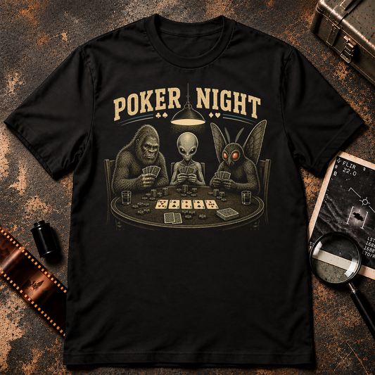 Poker Night shirt design featuring Bigfoot, a grey alien, and Mothman playing poker together at a card table with poker chips and playing cards.