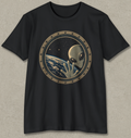 A black short-sleeve crewneck t-shirt featuring a circular graphic print of a classic silver-grey alien waving from space, with Earth visible in the background.