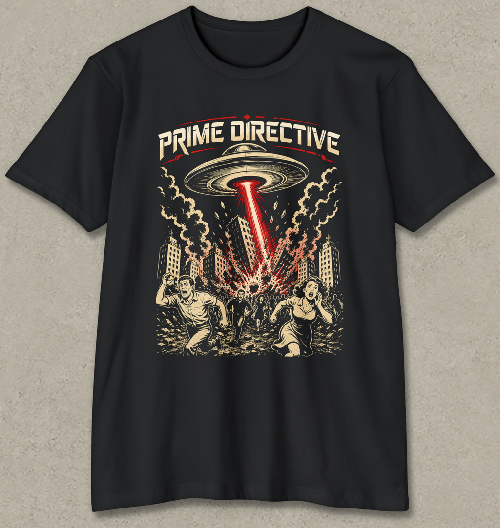 A black short-sleeve graphic t-shirt featuring a retro sci-fi design with the text 'PRIME DIRECTIVE' above a UFO emitting a red laser beam into a cityscape, with fleeing figures below, shown against a textured gray background.