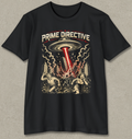 A black short-sleeve graphic t-shirt featuring a retro sci-fi design with the text 'PRIME DIRECTIVE' above a UFO emitting a red laser beam into a cityscape, with fleeing figures below, shown against a textured gray background.