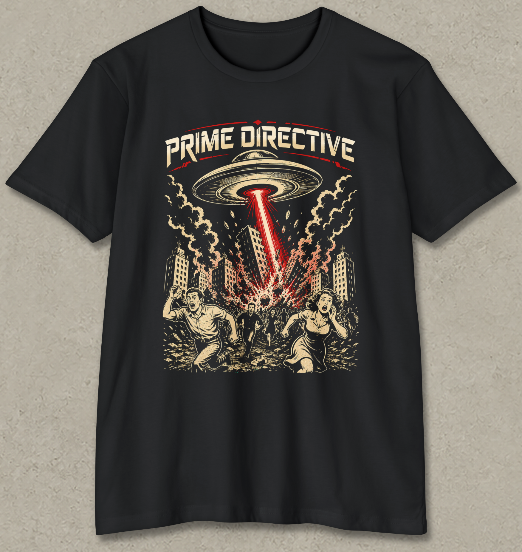 A black short-sleeve graphic t-shirt featuring a retro sci-fi design with the text 'PRIME DIRECTIVE' above a UFO emitting a red laser beam into a cityscape, with fleeing figures below, shown against a textured gray background.