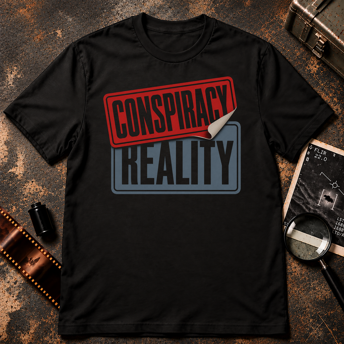 CONSPIRACY sticker peeling away to reveal the word REALITY underneath in a red, blue-grey, black, and cream graphic design.