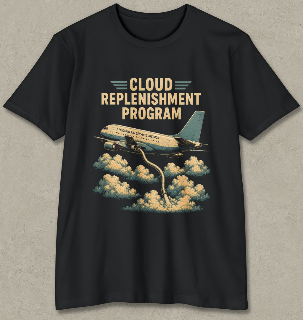 A black short-sleeve crewneck t-shirt with a retro-style graphic print of an airplane flying through clouds and the text 'CLOUD REPLENISHMENT PROGRAM'.