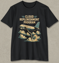 A black short-sleeve crewneck t-shirt with a retro-style graphic print of an airplane flying through clouds and the text 'CLOUD REPLENISHMENT PROGRAM'.