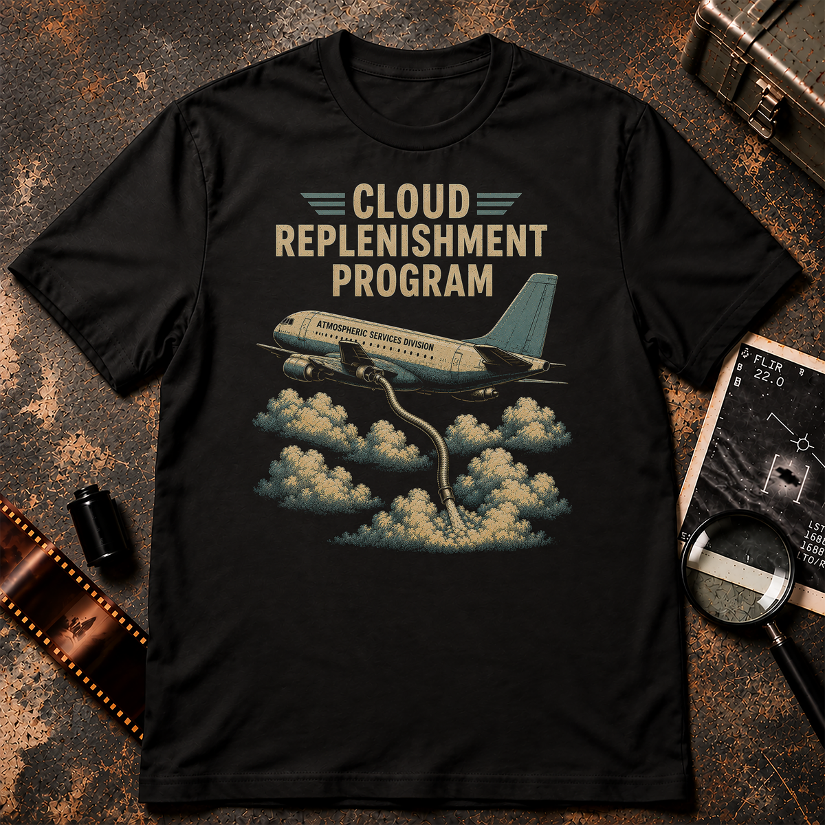 Satirical conspiracy graphic featuring a retro passenger aircraft labeled “ATMOSPHERIC SERVICES DIVISION” flying above clusters of clouds with a large hose extending from the plane into the cloud layer. Cream text above reads “CLOUD REPLENISHMENT PROGRAM” against a black background.