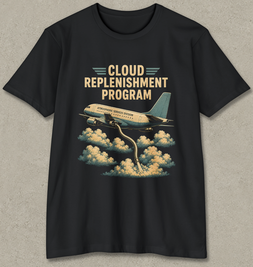 A black short-sleeve crewneck t-shirt with a retro-style graphic print of an airplane flying through clouds and the text 'CLOUD REPLENISHMENT PROGRAM'.