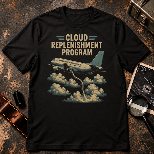 Satirical conspiracy graphic featuring a retro passenger aircraft labeled “ATMOSPHERIC SERVICES DIVISION” flying above clusters of clouds with a large hose extending from the plane into the cloud layer. Cream text above reads “CLOUD REPLENISHMENT PROGRAM” against a black background.