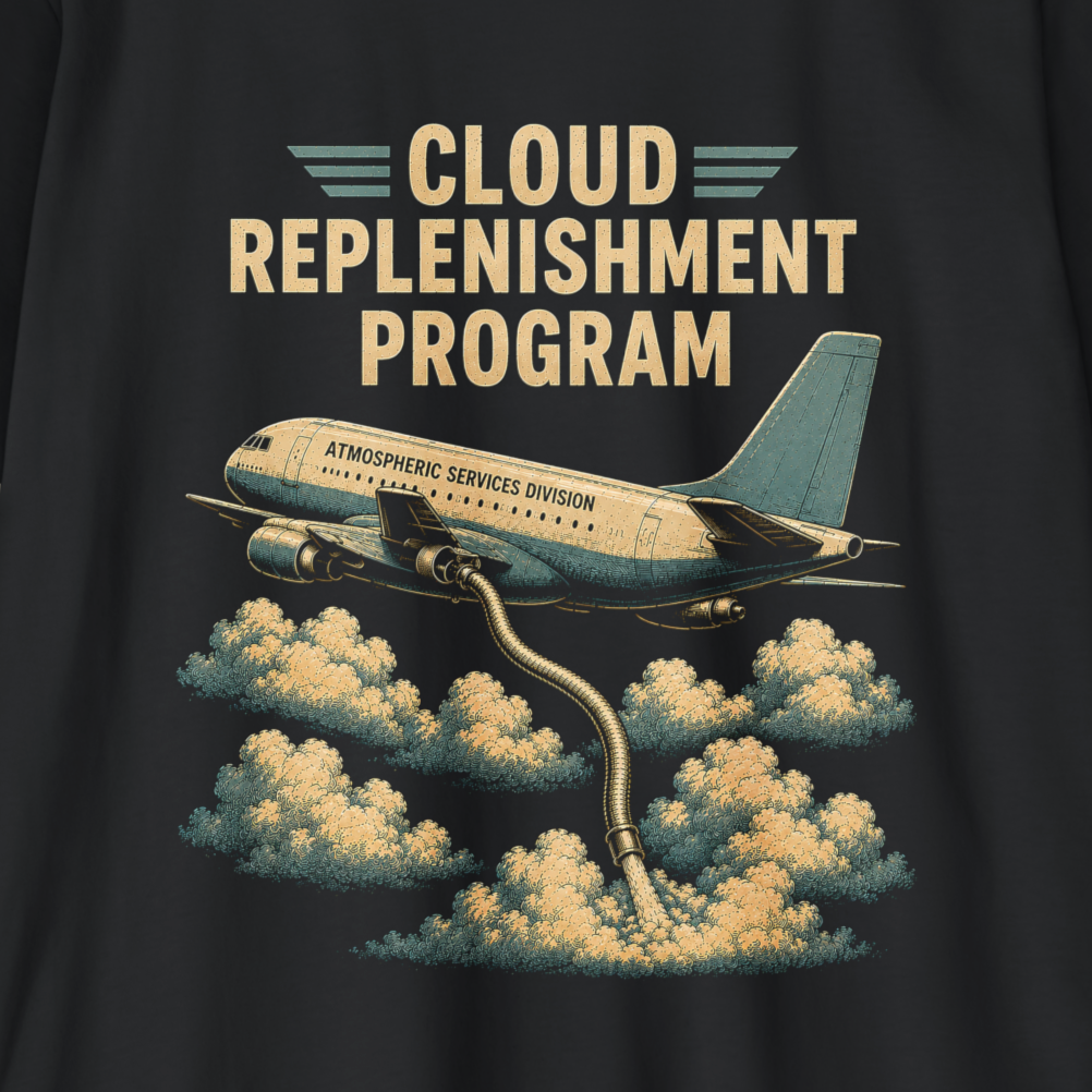 A close-up of a dark charcoal or black t-shirt featuring a graphic print. The graphic displays a retro-style illustration of a teal and cream airplane with its fuel tank connected to clouds, beneath the bold text 'CLOUD REPLENISHMENT PROGRAM'.