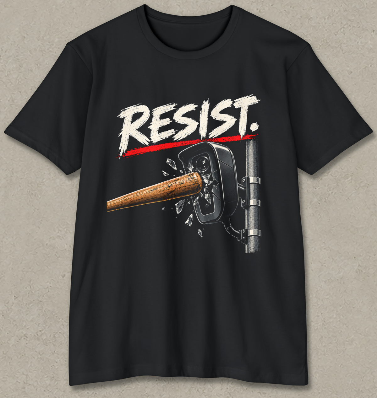 RESIST anti-surveillance shirt design featuring a wooden baseball bat smashing a pole-mounted surveillance camera with cream text and a red underline.