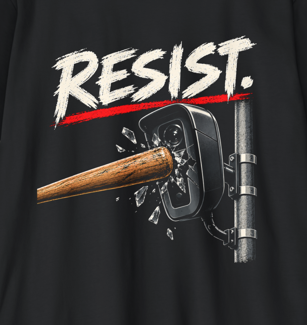 RESIST anti-surveillance shirt design featuring a wooden baseball bat smashing a pole-mounted surveillance camera with cream text and a red underline.