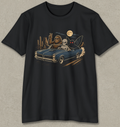 A black short-sleeve crewneck t-shirt with a graphic print of a blue convertible car driving through a desert at night, featuring a skeleton driver, a rabbit driver, and a full moon.