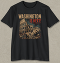 A black short-sleeve t-shirt with a distressed graphic print featuring the Colosseum and a classical statue, with the text 'WASHINGTON IS NEXT!' in beige and red, displayed against a textured gray background.