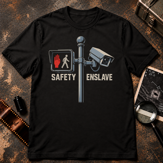 A black short-sleeve crewneck t-shirt with a graphic print on the front. The graphic shows a red pedestrian stop sign and a security camera on a pole, with the words 'SAFETY' and 'ENSLAVE' printed below in beige.