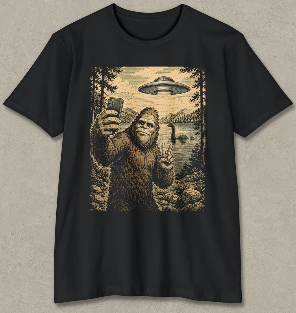 A black short-sleeve crewneck t-shirt with a large vintage-style graphic print on the front. The graphic depicts a Bigfoot taking a selfie in a forest by a lake, with a deer head island in the distance and a flying saucer overhead.