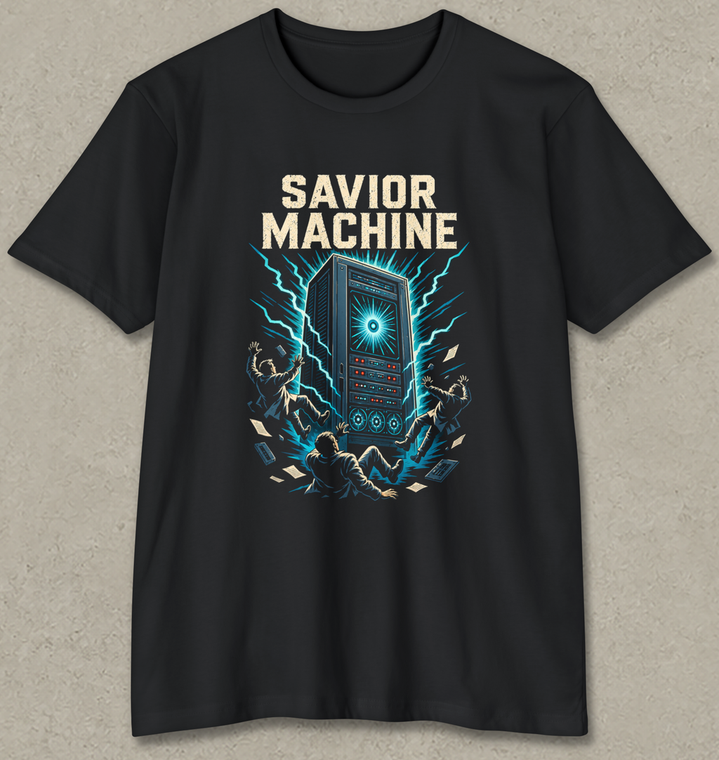 A black short-sleeve crewneck t-shirt with a graphic print on the front. The graphic features the text 'SAVOR MACHINE' in a beige font above a stylized illustration of a glowing blue TARDIS surrounded by lightning and figures, set against a textured gray background.