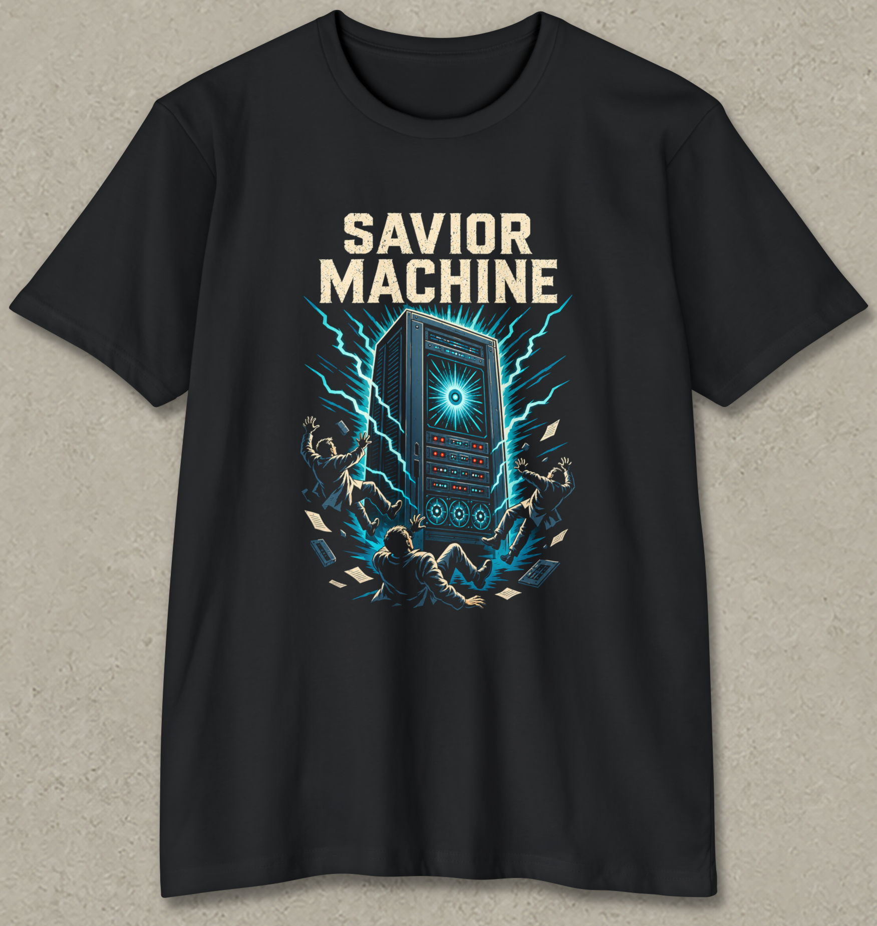 A black short-sleeve crewneck t-shirt with a graphic print on the front. The graphic features the text 'SAVOR MACHINE' in a beige font above a stylized illustration of a glowing blue TARDIS surrounded by lightning and figures, set against a textured gray background.