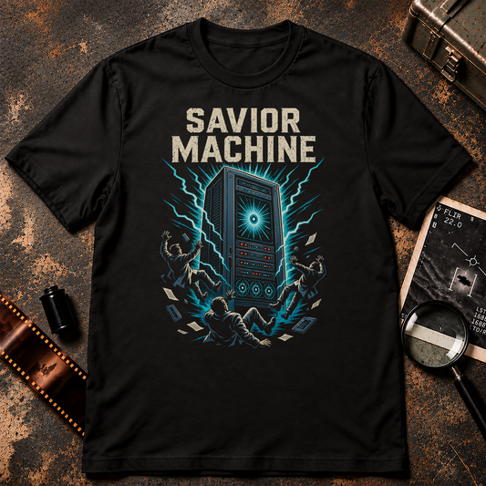 SAVIOR MACHINE shirt graphic featuring a towering supercomputer surrounded by blue electrical energy as three people are thrown backward, with bold cream SAVIOR MACHINE text above.