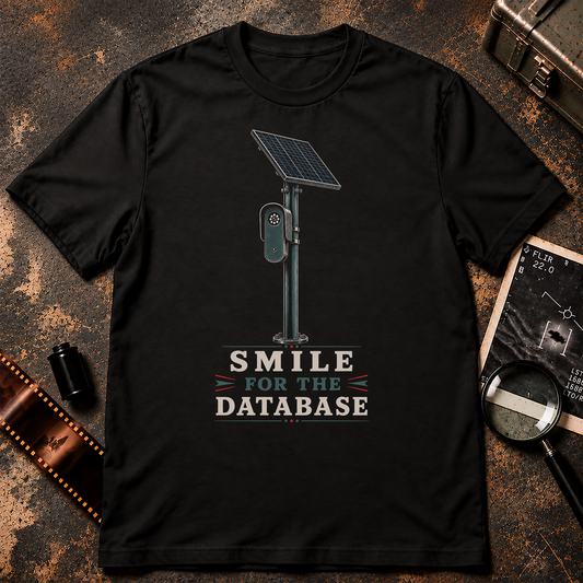 SMILE FOR THE DATABASE shirt design featuring a solar-powered surveillance camera on a pole above bold cream and blue-gray retro lettering.