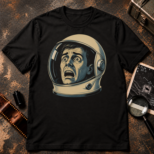 A black short-sleeve crewneck t-shirt featuring a retro-style graphic of a man's screaming face inside a beige astronaut helmet, displayed flat against a textured gray background.