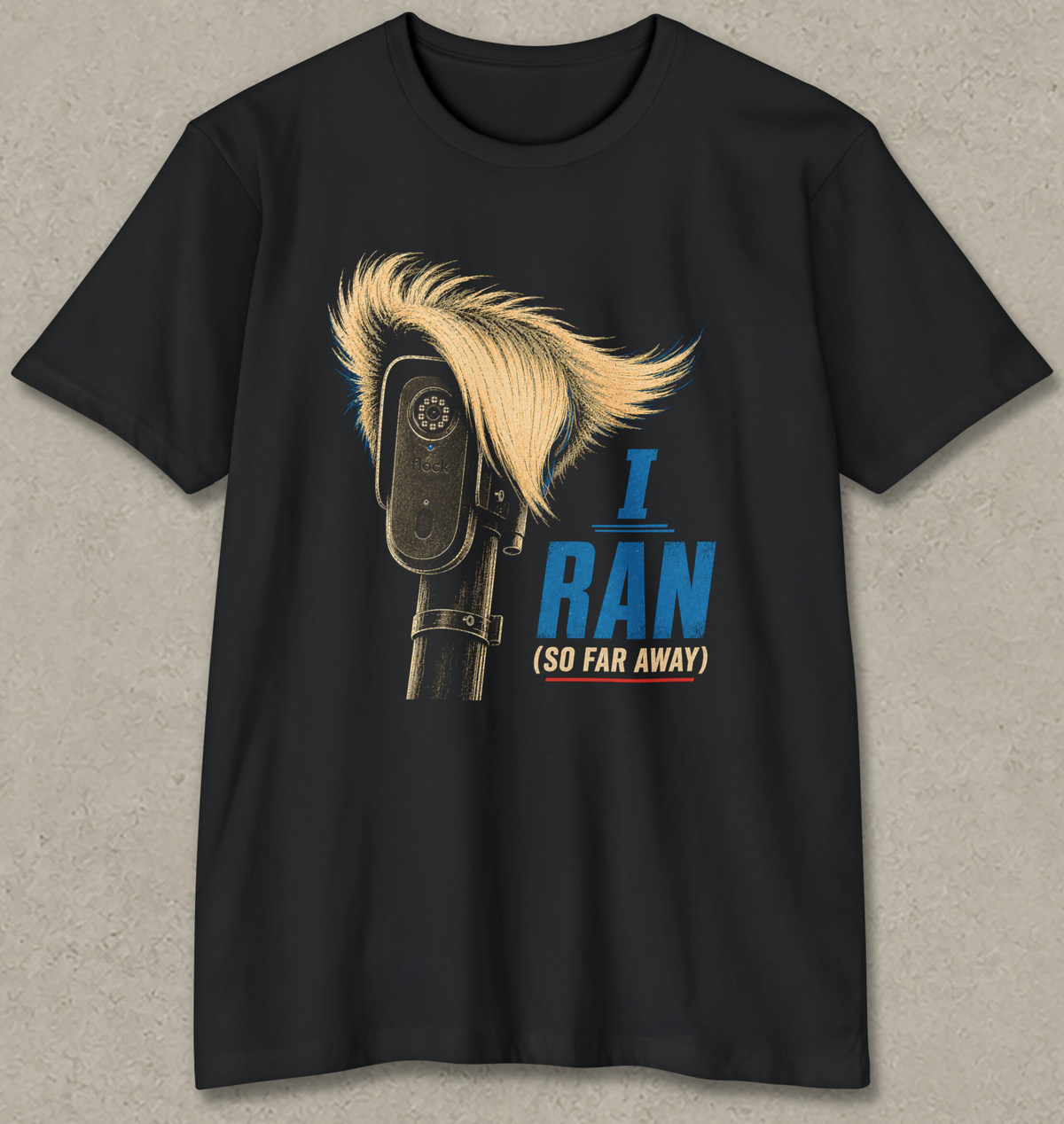 A black short-sleeve crewneck t-shirt featuring a graphic print of a revolver with a blonde mohawk and the text 'I RAN (SO FAR AWAY)' in blue and beige, displayed against a textured gray background.