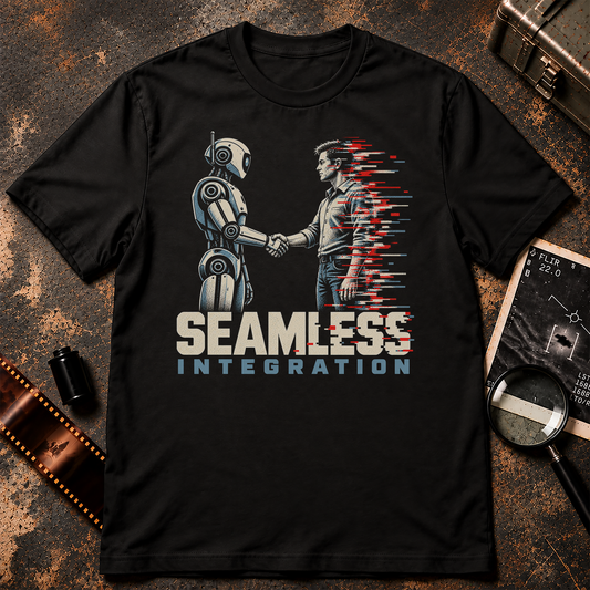 Seamless Integration AI Robot Shirt featuring a retro robot shaking hands with a human glitching into digital fragments.