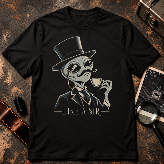 Like a Sir gentleman alien shirt graphic with grey alien wearing a top hat, monocle and mustache while holding a teacup