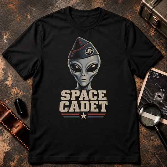 SPACE CADET retro shirt design featuring a grey alien wearing a vintage military side cap with UFO insignia, distressed cream lettering and faded red and blue accents.
