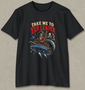 A black short-sleeve crewneck t-shirt featuring a pirate-themed graphic on the front. The graphic shows a skeleton pirate in a red hat and coat flying a blue spaceship under a red and beige text bubble that reads 'TAKE ME TO YER LEADER'.
