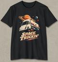 A black short-sleeve crewneck t-shirt featuring a retro-style graphic of a white space truck with planets and stars, and the text 'SPACE TRUCKIN'' in bold retro lettering, displayed against a textured gray background.