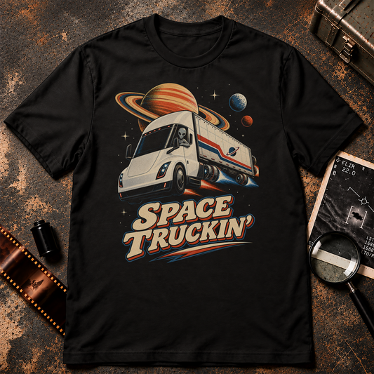 SPACE TRUCKIN’ shirt design featuring an alien driving a futuristic rocket-powered semi truck through outer space with planets, stars, and Saturn in the background.