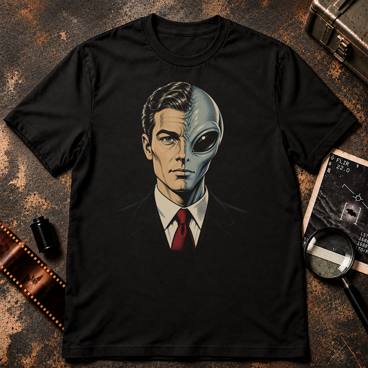 HYBRID merges human and grey alien into one classified subject. A retro sci-fi conspiracy graphic tee from Official Narrative.