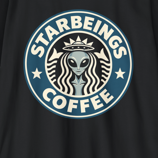 A close-up of a black garment featuring a large circular graphic printed on the chest. The design mimics the Starbucks logo with the words 'STARBEINGS COFFEE' in white around a stylized gray alien head with wavy black hair, set against a dark blue circle.